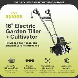 LIGHTLY USED Sun Joe Corded Electric Garden Tiller & Cultivator with Steel Tines, 16 Inch, 13.5-Amp Motor - Heavy-Duty Tilling Machine for Lawn, Yard, and Gardening Care, TJ604E