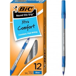 NEW 12/PACK BIC Round Stic Grip Xtra Comfort Ballpoint Pen, Medium Point (1.2mm), Blue Pen, 12-Count