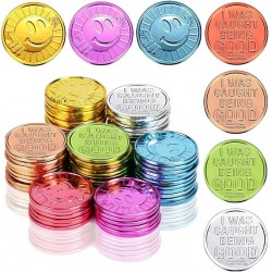 NEW 100 Pieces Smile Face Glod Coins, Colorful Plastic Reward Coins, for School Teacher Rewards and Behavior Incentives. Inscription Reading “I was Caught Being Good” on One Side