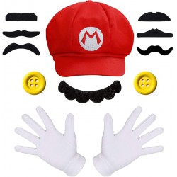 NEW MOVINPE Super Bros Costume，Bros Hat Baseball Cap Mustaches Gloves Buttons for Boys Girls Halloween Cosplay