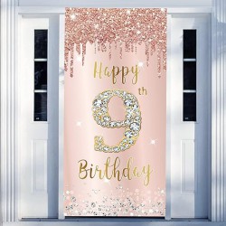 NEW Pink Rose Gold 9th Birthday Door Banner Decorations, Large Nine Year Old Party Sign, Photo Booth Props