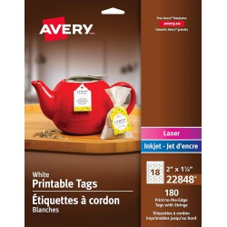 NEW Avery Printable Gift Tags with Strings, 2 x 1-1/4, White Round, Micro-Perforated, 180 Edge to Edge Pre Punched Tags, for Laser & Inkjet Printers, (22848)