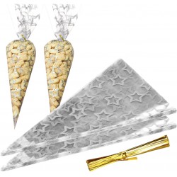 NEW Arcjunys 50 Pcs Clear Cone Bags Clear Cello Cellophane Bags 7 x 11.8 Inches Candy Bags Triangle Goody Bags Treat Bags Candy Bag Popcorn Bags with 50 Pcs Gold Twist Ties for Baking Candy Wrapping