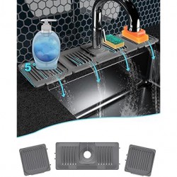 NEW Abulun 5°Slope Spliced Sink Splash Guard-Silicone draining mat for Kitchen Sink-Faucet mat with 2 soap dispensers-Rubber Handle drip Catcher Tray Protector Behind Faucet for Sink Accessories
