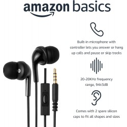 NEW Amazon Basics 3.5mm Jack Wired Earbuds with Microphone, In Ear Headphones, 4.2 ft long cable, S/M/L Ear Tips, Black
