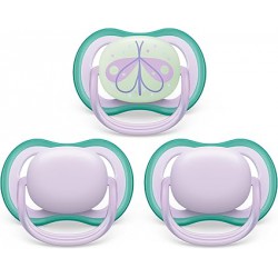 NEW Philips Avent Ultra Air day time/night time pacifier 0-6m, fresh lilac/butterfly, 3 pack, SCF085/67