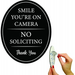 NEW All Hung Up 4 x 5 Smile You're on Camera & No Soliciting Sign for House, 3M Self-Adhesive for Door,Window,Wall, Durable Quality Aluminum Metal Surface, Home,Business,Office, Thank You, Black