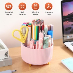 NEW Modern Classic Pink 5-Slot Rotating Pen Holder, Desk Organizer