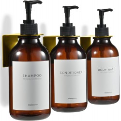 NEW MaisoNovo Shampoo and Conditioner Dispenser with Wall Mounts | 500 ml Set of 3 Amber Plastic Bottles Black Pump