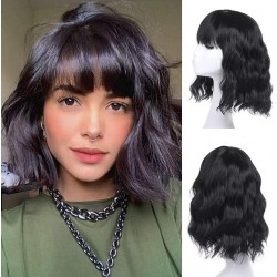 NEW Leeven Curly Bob Wig with Bands 12 Inch Black Synthetic Wigs Natural Wavy Wig Heat Resistant Shoulder Length Hair Wig for Women Girls Cosplay Party Costumes(1B#)