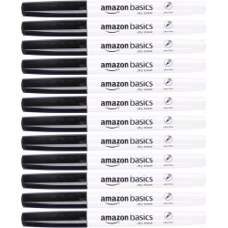 NEW Amazon Basics Low Odor Ultra Fine Tip Dry Erase White Board Markers - Black, 12 Pack
