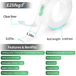NEW EZlifego Double Sided Tape Heavy Duty, Extra Large Nano Double Sided Adhesive Tape, Clear Mounting Tape Picture Hanging Adhesive Strips,Removable Wall Tape Sticky Poster Tape Decor Carpet Tape(9.85FT)