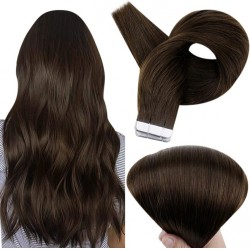 NEW  18 Full Shine Tape in Hair Extensions Darkest Brown Tape Human Hair Extensions 18 Inch Seamless Skin Weft Double Sided PU Glue in Extensions Invisible 50 Grams