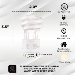 NEW SLEEKLIGHTING 13Watt T2 Spiral CFL GU24 2 Prong Light Bulb Base 2700K 900lm -UL Approved 120v 60Hz Light Bulb- Mini Twist Lock Spiral -Self Ballasted Compact Fluorescent -Warm White Light