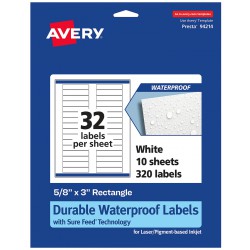 NEW Avery Waterproof Permanent Labels With Sure Feed, 94214-WMF10, Rectangle, 5/8 x 3, White, Pack Of 320