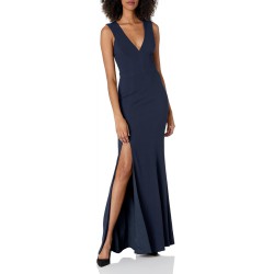 NEW MEDIUM Dress the Population Womens Sandra Plunging Thick Strap Solid Gown with Slit Dress