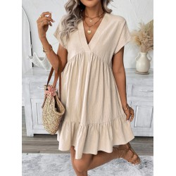NEW LARGE SHEIN Summer Short Sleeve Short Mini Dress V Neck Solid Color