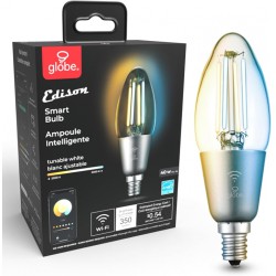 NEW Wi-Fi Smart 4.5W (40W Equivalent) Straight Filament Tunable White Clear LED Light Bulb, No Hub Required, Voice Activated, Energy Star, 2000K - 5000K, Vintage Edison Style, B11 Shape, E12 Candelabra Ba