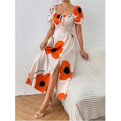 NEW MEDIUM SHEIN Clasi Women's Summer Flora Printed Off Shoulder Short Puff Sleeve Long Side-Split Dress