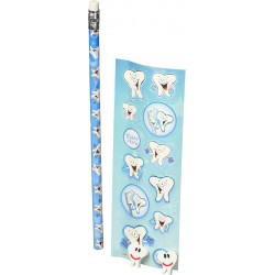 NEW Dentist Tooth Stationery Set, Pencil, Tooth Eraser, and Sticker Sheet - 1 pencil, 3 tooth erasers and 1 sticker sheet with 12 stickers.