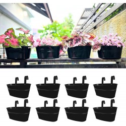 NEW Maxona Metal Iron Hanging Flower Pots, 8 Pack, 11.8 Inch Oval Black Railing Fence Hanging Bucket Pots Countryside Style Window Flower Plant Holder with Detachable Hooks Home Décor