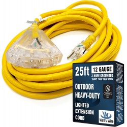 NEW 25 ft - 12 Gauge Heavy Duty Extension Cord - 3 Outlet Lighted SJTW - Indoor/Outdoor Extension Cord by Watt's Wire - 25' 12-Gauge Grounded 15 Amp Extension Cord