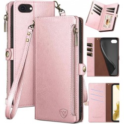 NEW XcaseBar for iPhone SE 3rd/7/8 Wallet case with Zipper Credit Card Holder RFID Blocking, Flip Folio Book PU Leather Phone case Shockproof Cover Women Men for Apple SE case Rose Gold