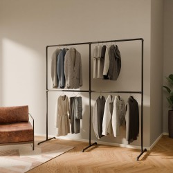 NEW pamo Industrial Design garment rack - LAS II Double - freestanding Coat Rack for Walk-In Wardrobe Wall I Clothes Rack Made of Black Sturdy Pipes freestanding from Water Pipes