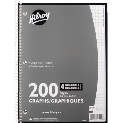 NEW Hilroy 1-Subject Coil Notebook, 8 x 10.5, Quad Ruled, 200 Pages/100 Sheets, 1 Notebook, Colour May Vary (13009)