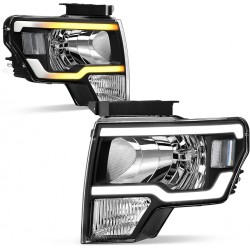 NEW AUTOSAVER88 Switchback LED Tube Headlights Assembly Compatible with 2009 2010 2011 2012 2013 2014 Ford F150 F-150 DRL Headlight Headlamp Replacement Pair Black Housing Clear Reflector