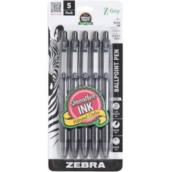 NEW Zebra Pen Z-Grip Retractable Ballpoint Pen, 1.0mm, Black, 5-Pack (22215)