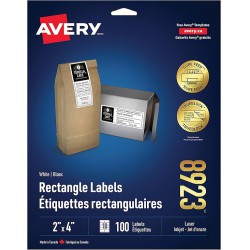 NEW Avery 2 x 4 Shipping Labels with TrueBlock Technology for Laser/Inkjet Printers, White, Rectangle, 100 Labels, Permanent (8923) Made in Canada