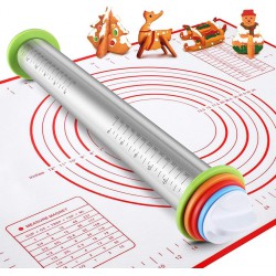 LIKE NEW Stainless Steel Rolling Pin and Silicone Mat Set, Adjustable Thickness Rings - For Baking Dough, Pizza, Pies, Pastries, Pasta, Cookies