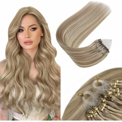NEW Sunny Micro Hair Extensions Human Hair 50G Micro Loop Hair Extensions Dark Brown Highlight Caramel Blonde Micro Ring Hair Extensions Brown Highlight Micro Link Hair Extensions 14Inch