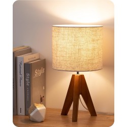 NEW EDISHINE Tripod Table Lamp, Small Cute Bedside Lamp with Linen Beige Lampshade, Nightstand Lamp for Nursery, Bedroom, Kid Room, Living Room, Light Brown Wooden Base, E26 Socket, 14.2 Inch