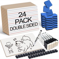 NEW Set of 24 Dry Erase Boards for Kids, Small Whiteboards Double Sided with Lines for Students, Teacher & Classroom, Mini Portable Drawing Writing Lined White Boards with 24 Makers, 24 Erasers