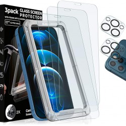 NEW 3 Pack Iphone 12 Pro Max Screen Protector and 2 Pack Iphone 12 Pro Max Camera Lens Protector, 9H Hardness Phone Tempered Glass with Easy Instalation Case 6.7 inch, Protector de Pantalla Iphone 12 Pro Max