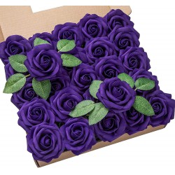 NEW DuHouse 25Pcs Artificial Roses Flowers Fake Roses with Stems Real Touch Foam Flowers for DIY Wedding Bouquet Baby Shower Centerpiece Floral Arrangement Party Home Decor (Purple-A)