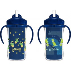 NEW Dr. Brown’s Milestones Insulated Sippy Cup with Straw and Handles, Spill-Proof Tumbler with Lid, 2-Pack, Blue Cactus and T-Rex Dinosaur Astronaut, 10 oz/300 mL, BPA Free, 12m+