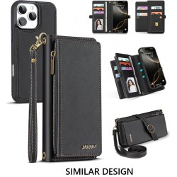 NEW  MEGSHI for Wallet Case Compatible with iPhone 16 Multi-Function Detachable 2 in 1 Magnetic iPhone 16 Pro Case Wallet,Flip Strap Zipper Card Holder Phone Case with Shoulder Straps (Black)