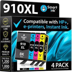 NEW Smart Ink Remanufactured Ink Cartridge Replacement for HP 910 XL 910XL (4 Combo Pack) Compatible with HP 8015e OfficeJet 8022e 8010e 8015 8022 8010 OfficeJet Pro 8025e 8025 Printers (BK/C/M/Y)