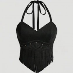 NEW SMALL SHEIN FAUX SUEDE FRINGED HALTER TOP