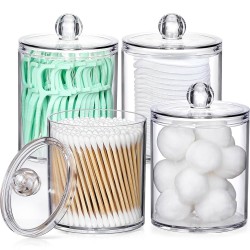 NEW VITEVER 4 Pack Qtip Holder Dispenser with Bamboo Lids - 10 oz Clear Plastic Apothecary Jar Containers for Vanity Makeup Organizer Storage - Bathroom Accessories Set for Cotton Swab, Ball, Pads, Floss
