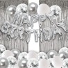 NEW (read notes) Silver Birthday Party Decoration, White Silver Confetti Latex Balloons, Silver Happy Birthday Balloons Banner with 2Pcs Silver Foil Fringe Curtains, 1Pcs 16FT Silver Ribbon Birthday Decorations for Women Girls Men (White Silver Birthday)