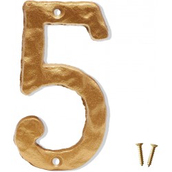 NEW MIHEY 5.5 Inch House Numbers, Heavy Duty Rustic Cast Iron Metal Home Address Number with Unique Hammered Appearance, Golden, Number 5