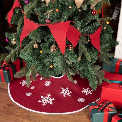 NEW MACTING Burlap Tree Skirt, 30 Inches Red Christmas Countryside Tree Skirt with White Snowflake Printed for Xmas, New Year, Holiday Indoor Outdoor Decoration