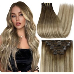 NEW 5PC  Full Shine Hair Extensions for Women Real Human Hair Clip ins Extensions 14 Inch Clip in Hair Extensions Human Hair Silky Straight Brown Balayage Ash Brown Mix Blonde Human Hair Extensions