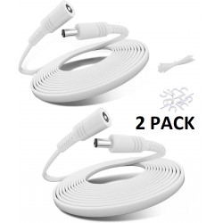 NEW Basesailor 30ft 12V DC Extension Cable (2-Pack),DC 2.1mm x 5.5mm 5521 Power Supply Adapter Flat Extender Cord,Female to Male Wire for CCTV Security Camera,IP Network,DVRs and More,5V,9V,24V,Volt,25, WHITE