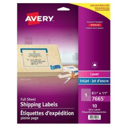 NEW Avery Easy Peel Clear Glossy Laser/Inkjet Shipping Labels, 8-1/2 x 11, 10 Pack (7665)
