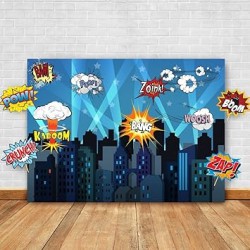 NEW (MISSING MASKS) Superheroes Theme Party Photography Backdrop with Prop, Flag & Mask. Super Hero Cityscape Photo Booth Background for Kids Party, Birthday Wall Decorations
